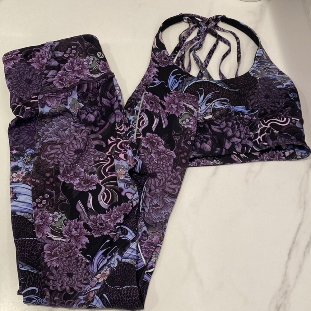 lululemon athletica Purple Floral Strappy Sports Bra & Leggings Set